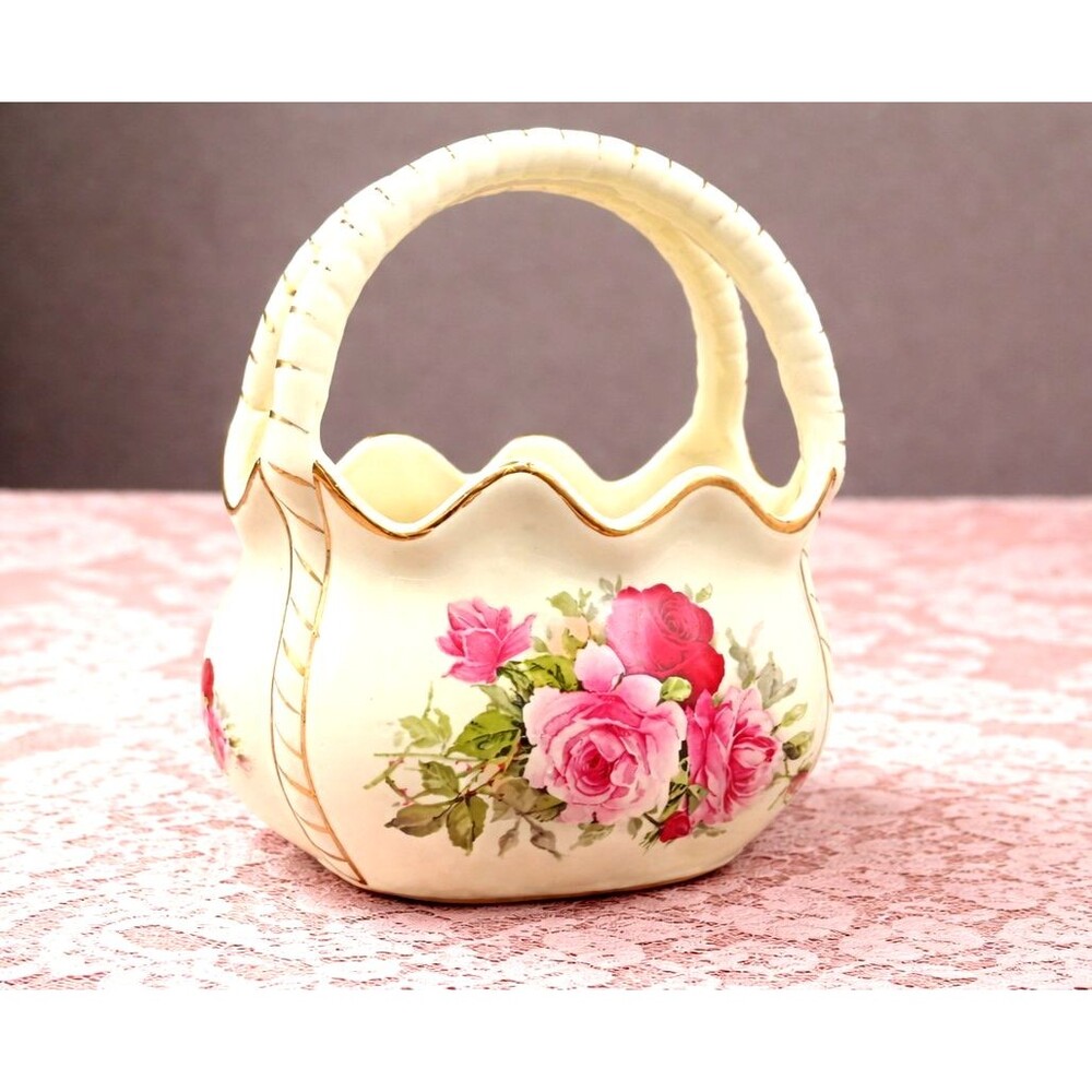 Vintage Victorian Style Ceramic Basket Vase Pink Roses Ivory Renaissance Girly